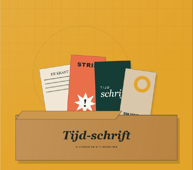 Illustratie van een Tijd-schrift-box gevuld met oude strips, tijdschriften en kranten